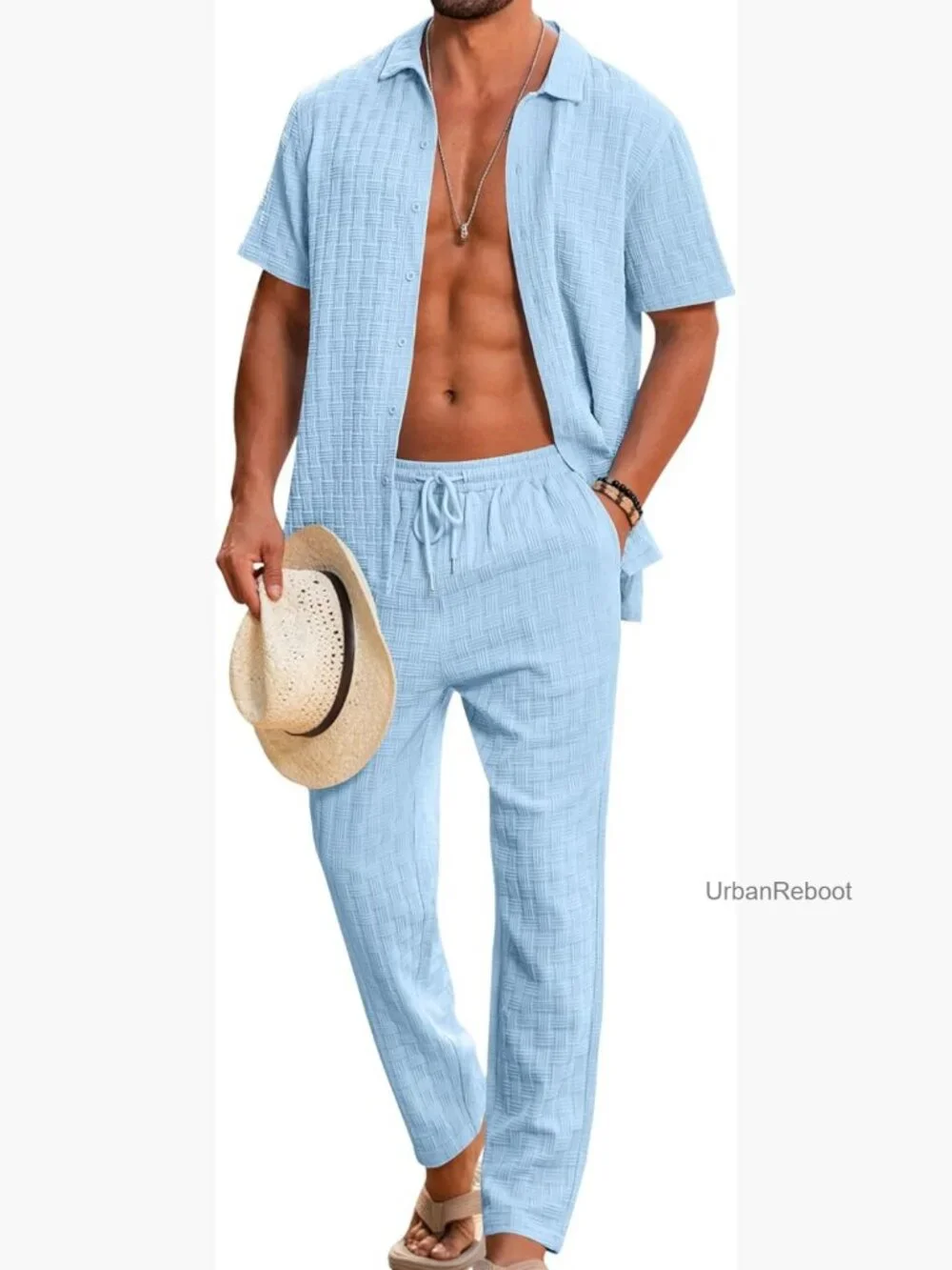 2 Piece Outfit Textured Button Down Shirt and Matching Loose Pants Set